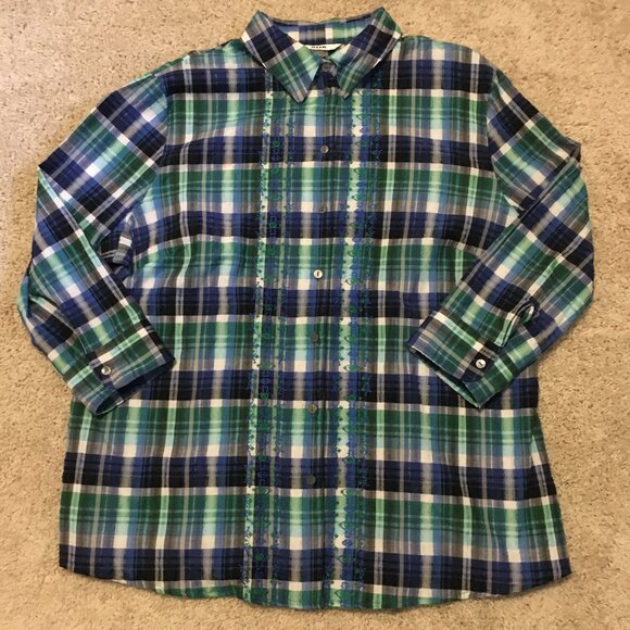 Vintage Alia Plaid Embroidered Green & Blue Cottagecore Button Down Shirt - Picture 11 of 16